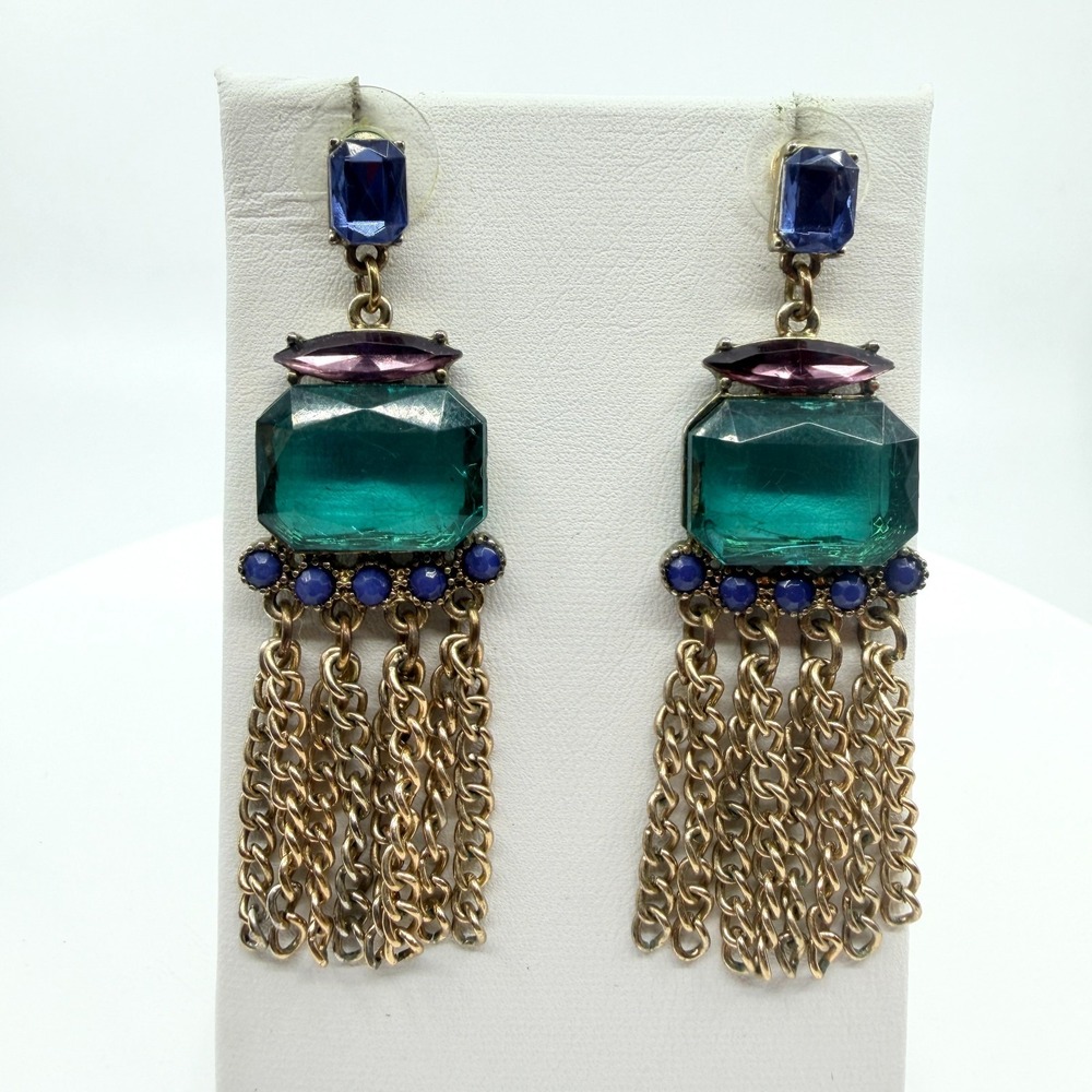 Vintage Gold Tone Emerald Cut Teal Glass Fringe Dangle Earrings